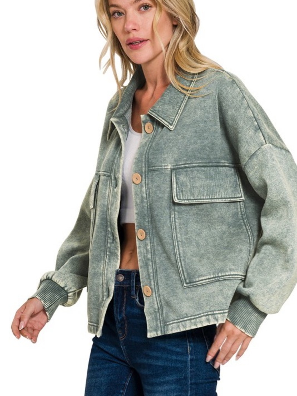 New Zenana Ash Jade Washed Sage Mineral Wash Jacket Acid Wash Women